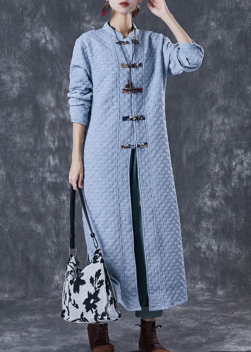 Grote Maten Blauwgrijze Katoenen Trenchcoats Met Chinese Knopen Herfst