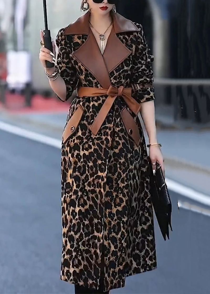 Italiaanse Lange Trenchcoat Van Katoen Met Ingekeepte Taille En Luipaardprint Herfst - Dames trenchcoats