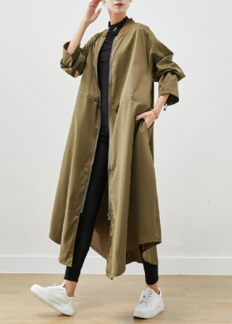 Legergroene Spandex Trenchcoats Met Ritssluiting En Trekkoord Herfst