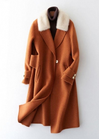 Luxe Oversized Trenchcoat Met Bontkraag Bruine Wollen Overjas Met Inkepingen