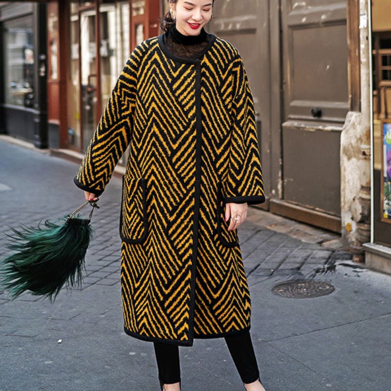Luxe Zwart Geel Gestreepte Lange Jas Losvallende O-halsjassen Boutique Zakken Wollen Jassen - Dames trenchcoats