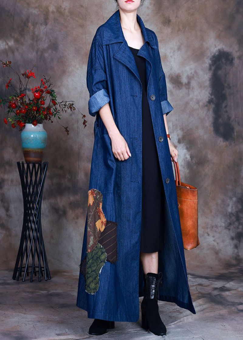 Mode Blauwe Knoopsluiting In De Taille Peter Pan-kraag Katoenen Denim Trenchcoats Lente - Dames trenchcoats