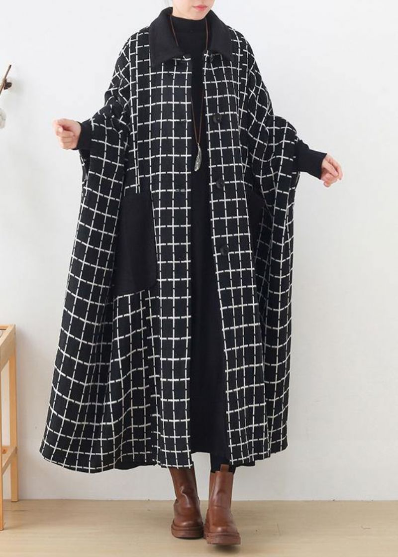 Mode Casual Maxi-jas Uitloper Zwart Wit Geruite Reverszakken Wollen Jassen - Dames trenchcoats