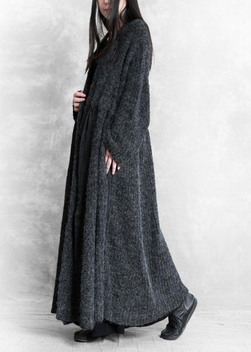 Mode Oversized Lange Winterjas Donkergrijze Wollen Jas Met V-hals En Trekkoord Voor Dames - Bordeauxrood