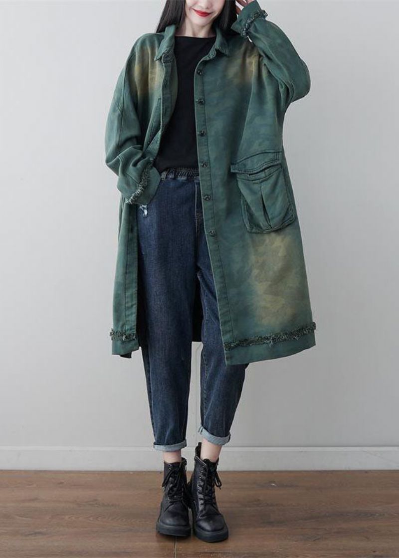 Moderne Groene Peter Pan-kraag Patchwork Camouflageprint Katoenen Jas Lente - Dames trenchcoats