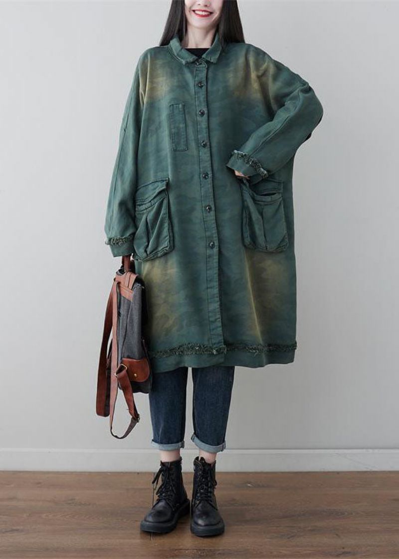 Moderne Groene Peter Pan-kraag Patchwork Camouflageprint Katoenen Jas Lente - Dames trenchcoats