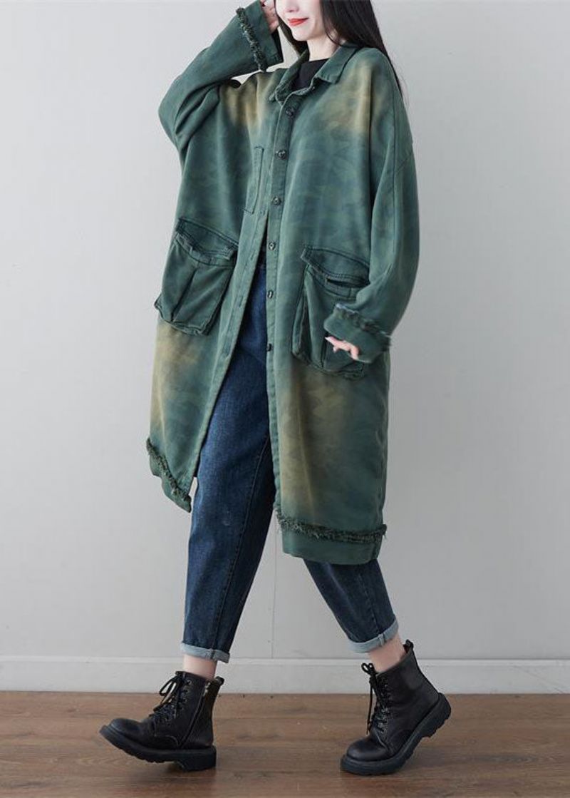 Moderne Groene Peter Pan-kraag Patchwork Camouflageprint Katoenen Jas Lente - Dames trenchcoats