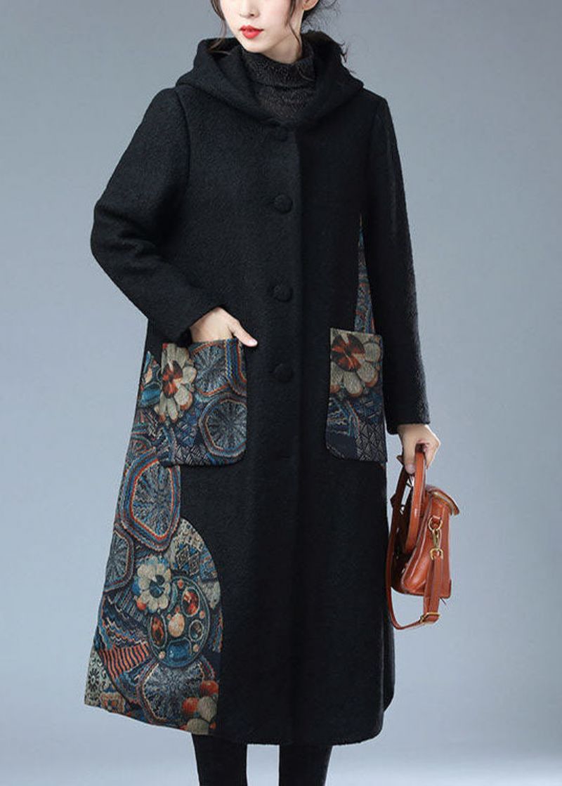 Moderne Zwarte Capuchon Print Warme Fleece Wollen Trenchcoat Winter - Dames trenchcoats