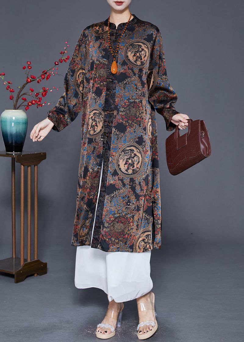 Moderne Zwarte Print Chinese Knop Zijden Jas Uitloper Herfst - Dames trenchcoats