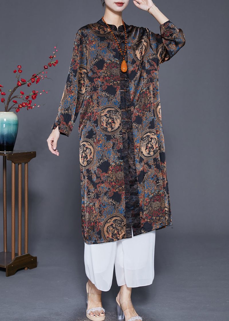 Moderne Zwarte Print Chinese Knop Zijden Jas Uitloper Herfst - Dames trenchcoats