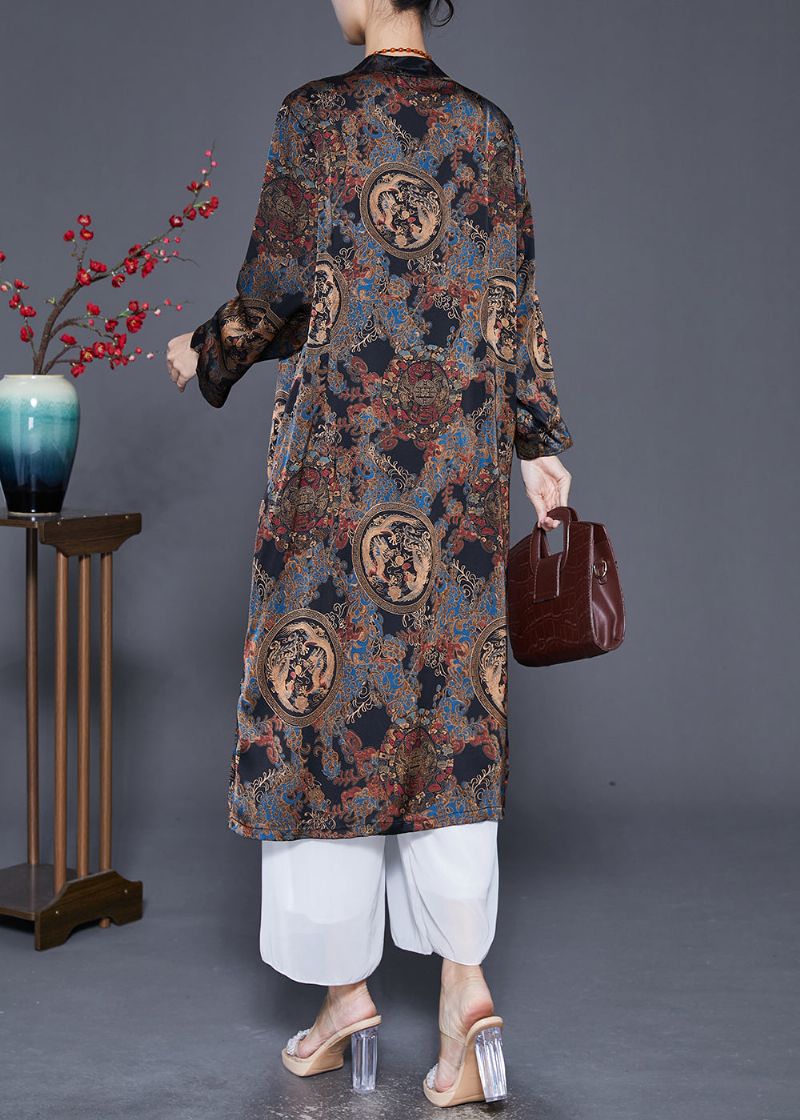 Moderne Zwarte Print Chinese Knop Zijden Jas Uitloper Herfst - Dames trenchcoats