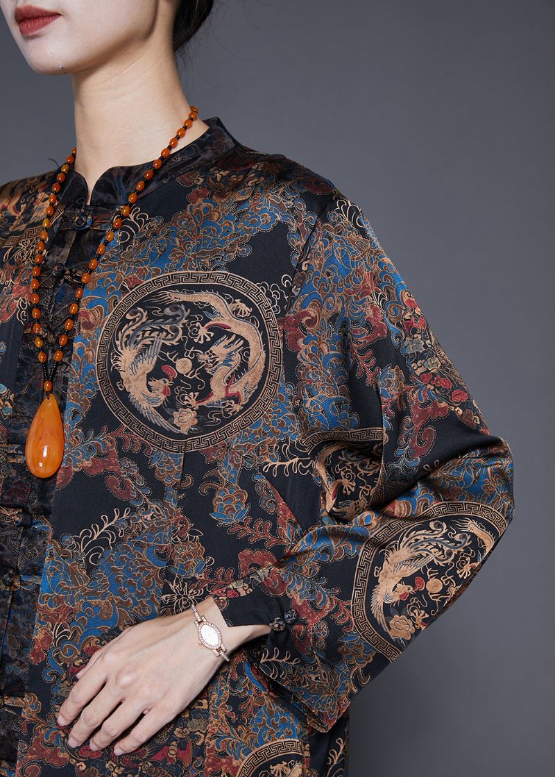 Moderne Zwarte Print Chinese Knop Zijden Jas Uitloper Herfst - Dames trenchcoats
