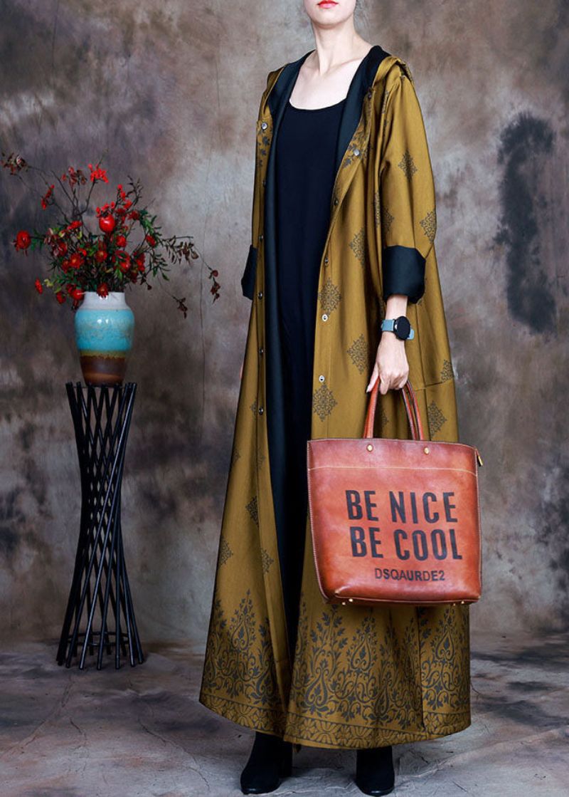 Mooie Gele Trenchcoats Met Capuchon En Satijnen Print Lente - Geel