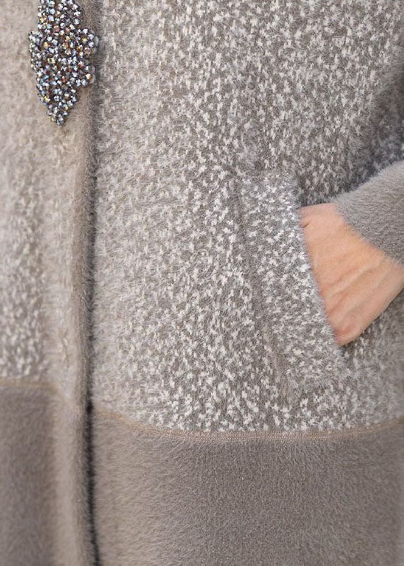 Mooie Lichtgrijze Opstaande Kraag Patchworkzakken Nertsenhaar Gebreide Trenchcoats Winter - Dames trenchcoats