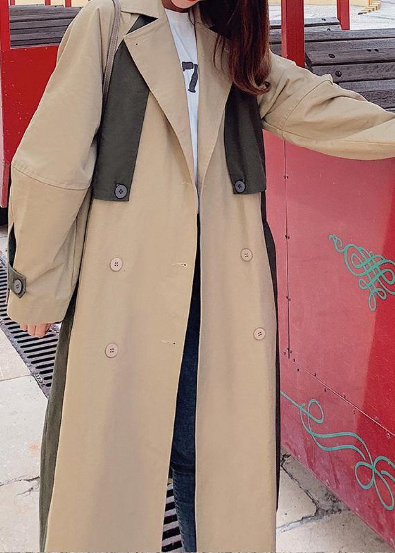 Natuurlijke Dubbele Borst Fijn Patchwork Lange Jassen Kaki Oversized - Dames trenchcoats