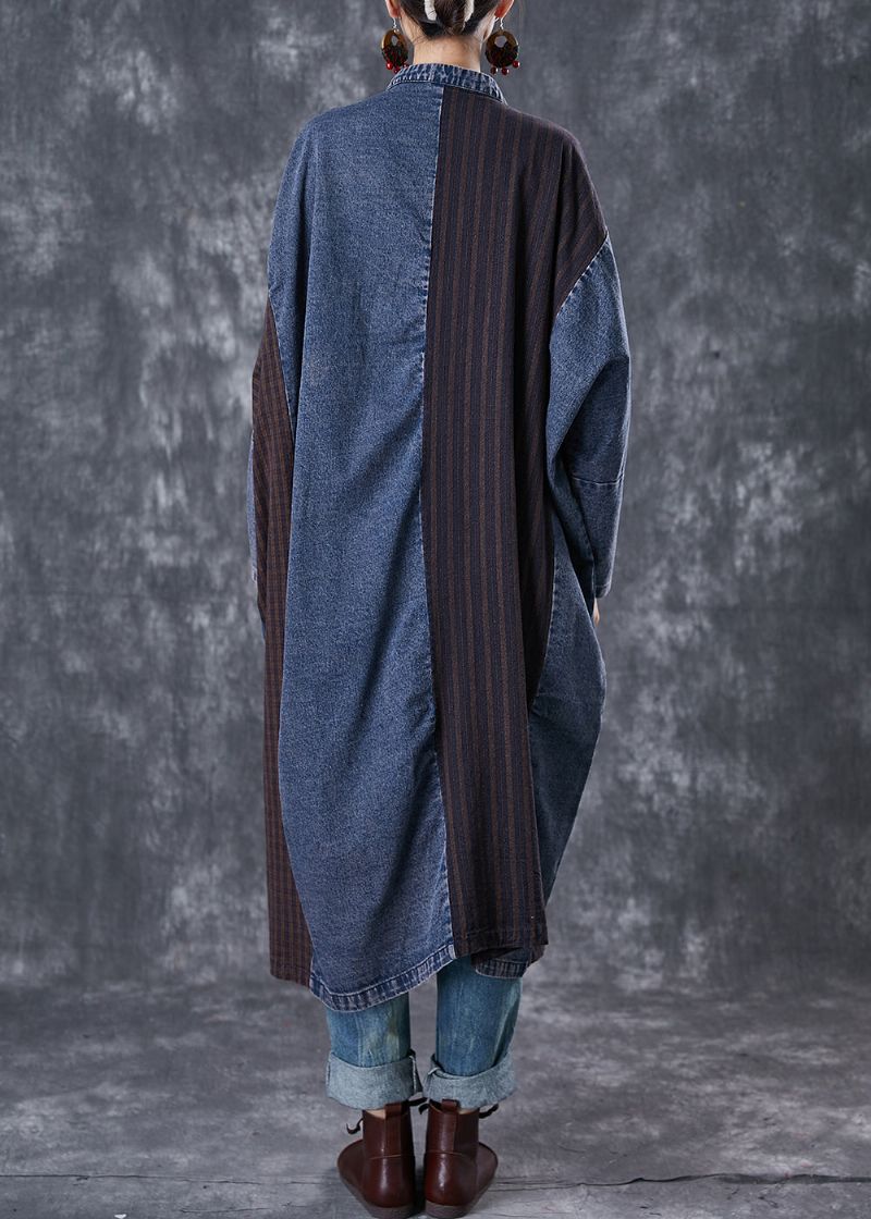 Plus Maat Marineblauw Oversized Denim Trenchcoat Met Patchwork-appliqué Lente - Dames trenchcoats