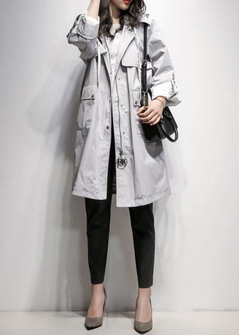 Stijl Grijze Modieuze Tuniekjas Werkoutfits Jas Met Trekkoord En Capuchon - Dames trenchcoats
