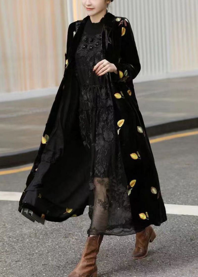 Stijl Zwarte Getande Print Zijden Velours Lange Trenchcoats Met Mouwen
