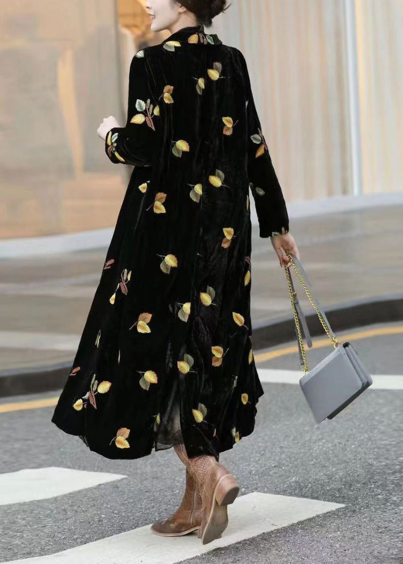 Stijl Zwarte Getande Print Zijden Velours Lange Trenchcoats Met Mouwen - Dames trenchcoats