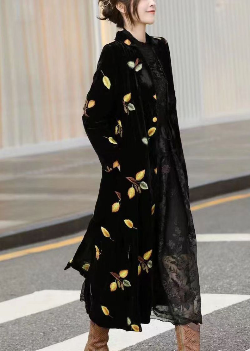 Stijl Zwarte Getande Print Zijden Velours Lange Trenchcoats Met Mouwen - Dames trenchcoats