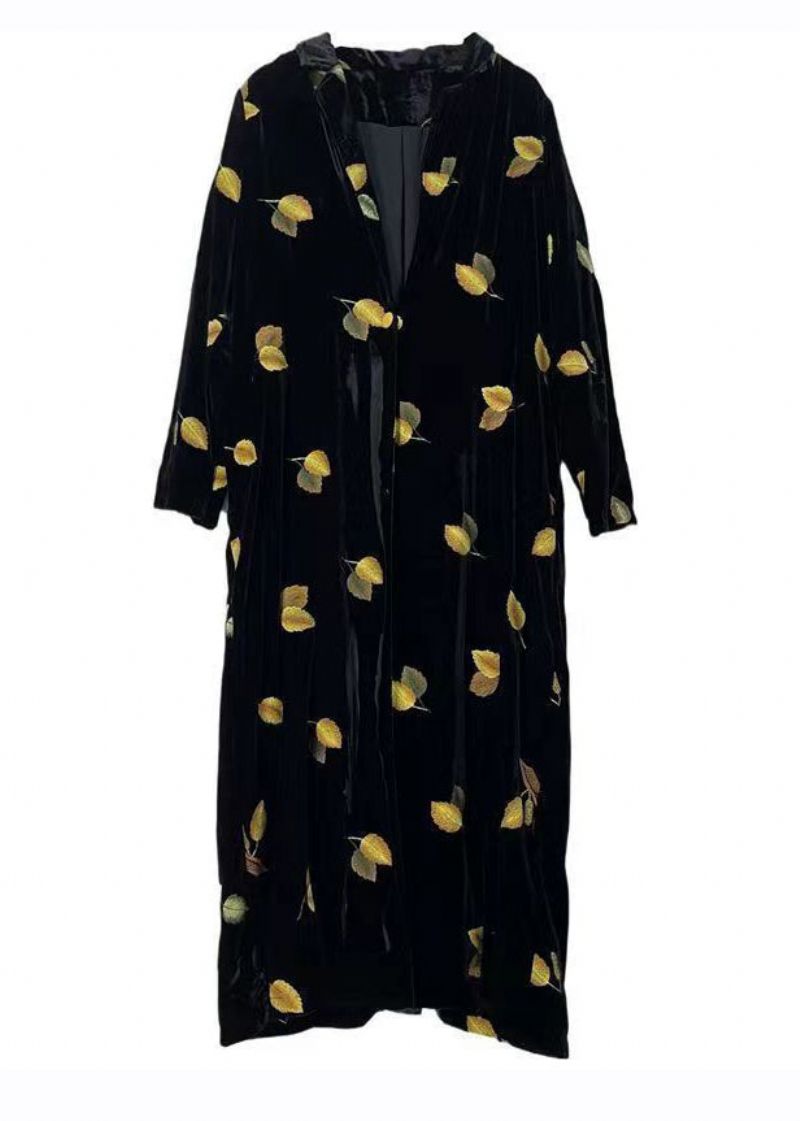Stijl Zwarte Getande Print Zijden Velours Lange Trenchcoats Met Mouwen - Dames trenchcoats
