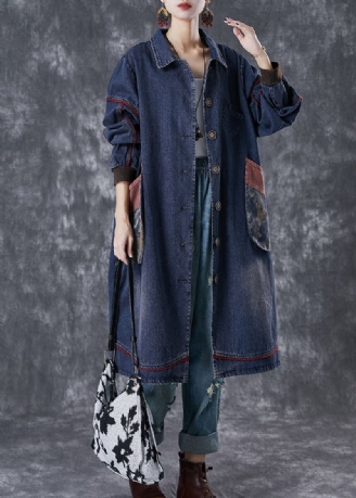 Stijlvolle Marineblauwe Oversized Katoenen Jas Met Patchworkzak Herfst