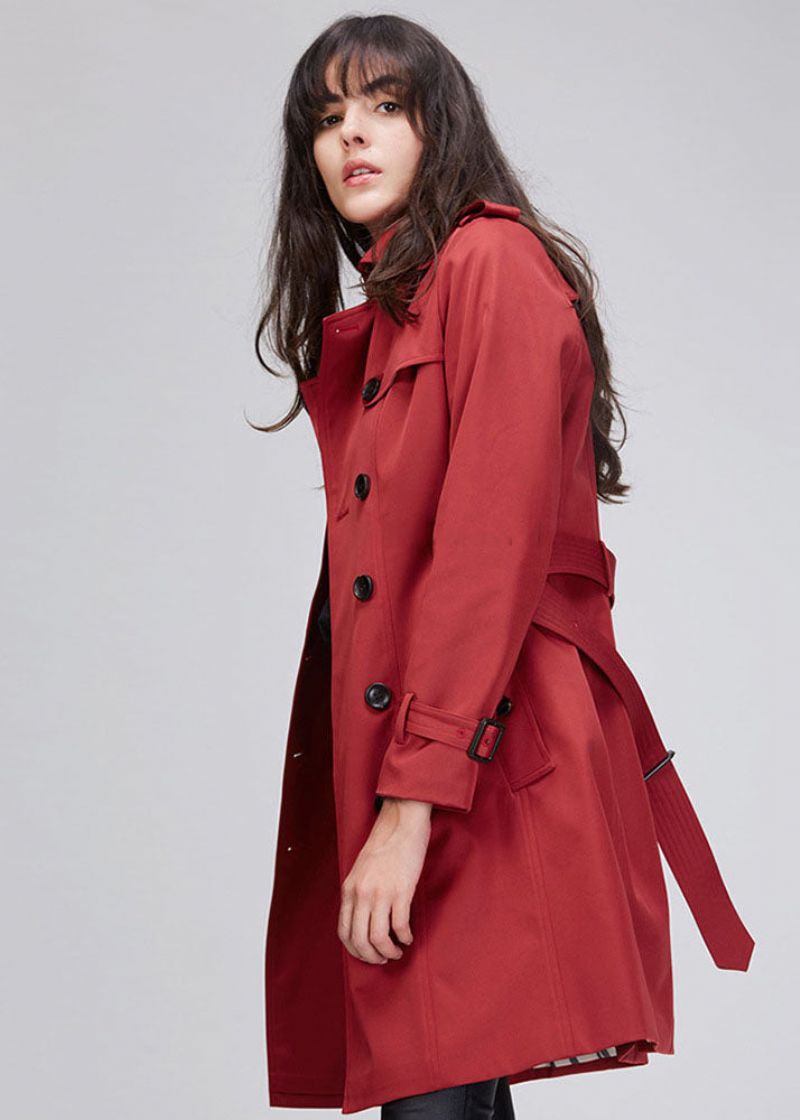 Stijlvolle Rode Trenchcoat Met Dubbele Rij Knopen - Kaki