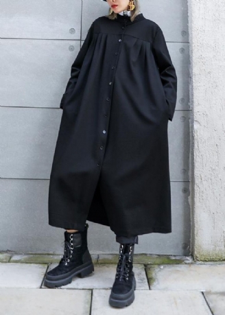 Stijlvolle Zwarte Fijne Outfit Work Outfits Opstaande Kraag Knoop Herfstjas