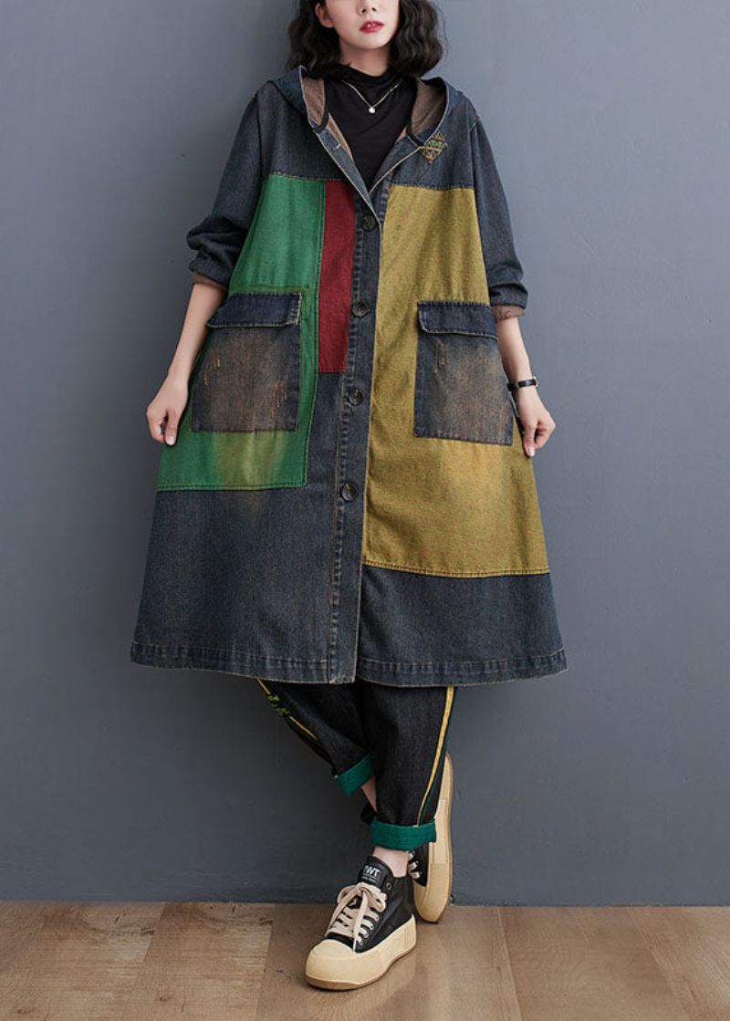 Vintage Colorblock Patchwork Denim Trenchcoat Met Knoop En Lange Mouwen