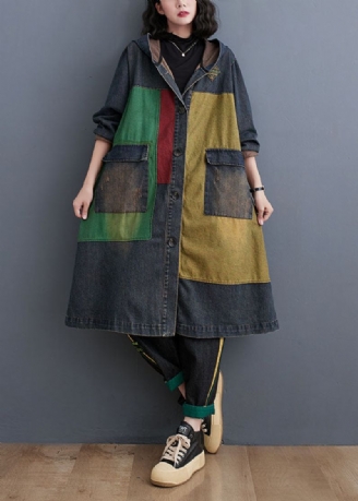 Vintage Colorblock Patchwork Denim Trenchcoat Met Knoop En Lange Mouwen