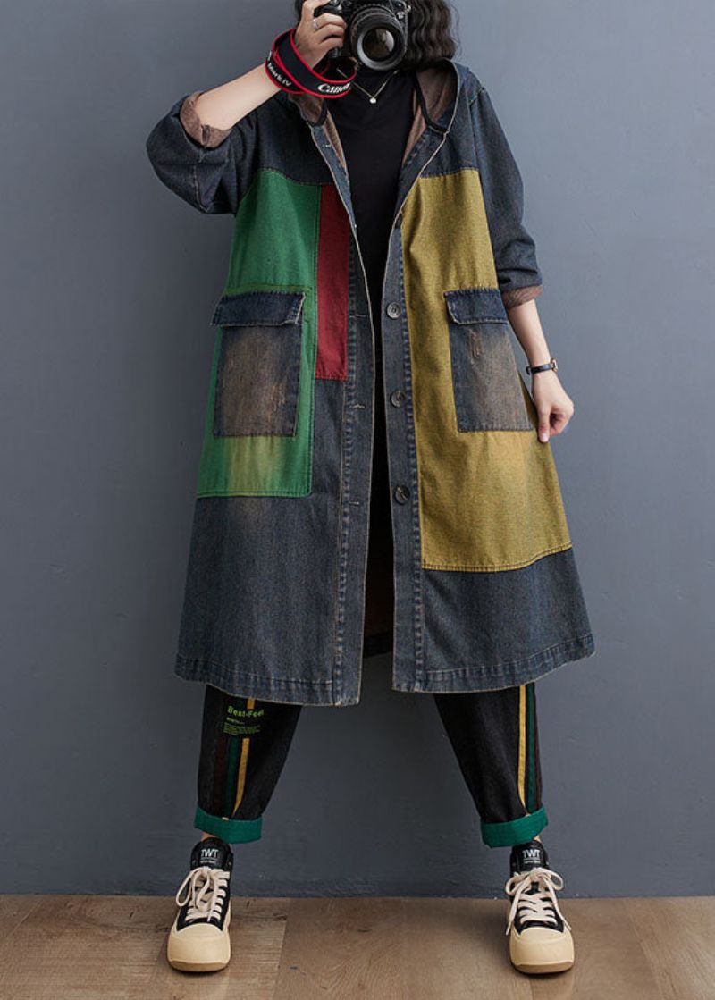 Vintage Colorblock Patchwork Denim Trenchcoat Met Knoop En Lange Mouwen - Dames trenchcoats