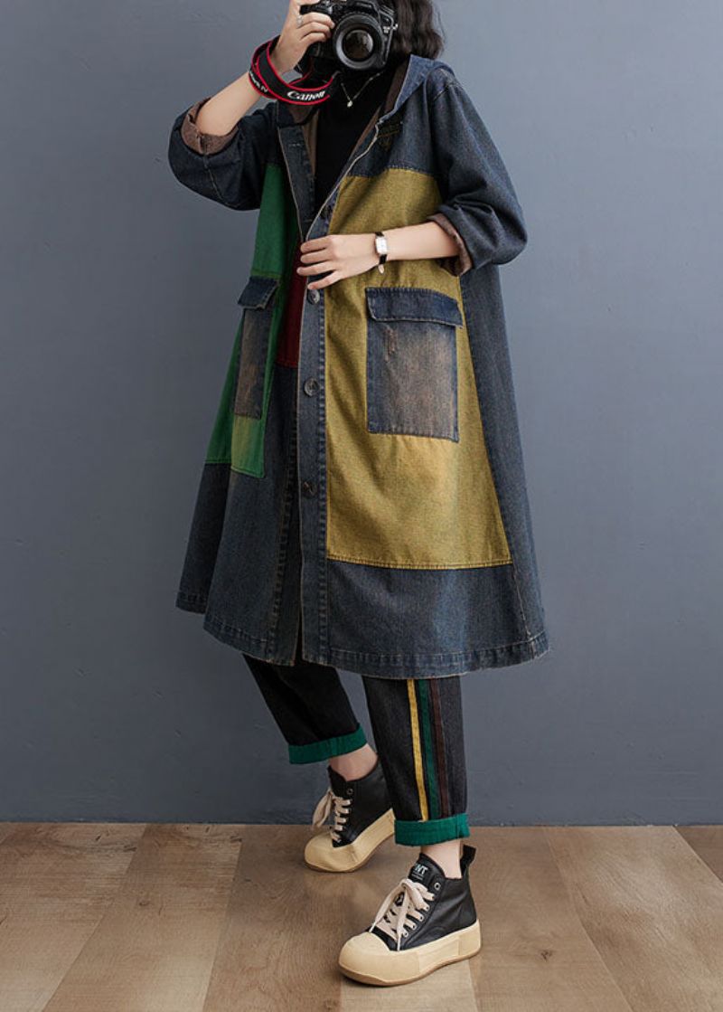 Vintage Colorblock Patchwork Denim Trenchcoat Met Knoop En Lange Mouwen - Dames trenchcoats