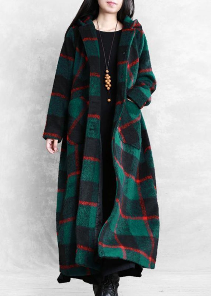 Vintage Groene Geruite Wollen Jas Dames Plus Maat Winterjas Damesjassen Notched Button - Dames trenchcoats