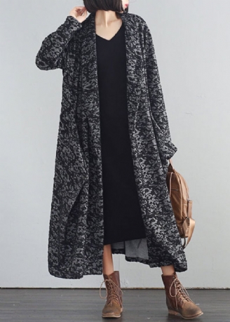 Vintage Zwarte V-hals Print Knoop Trenchcoats Herfst