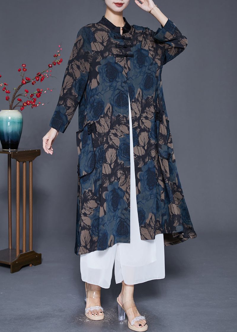 Zijden Trenchcoat Met Italiaanse Marineprint En Chinese Knopen Herfst - Dames trenchcoats