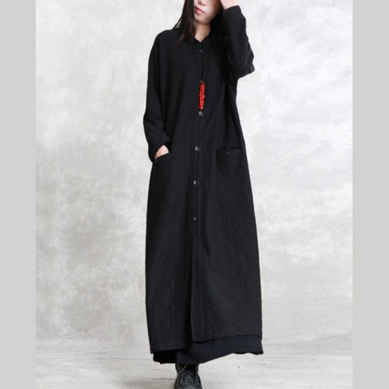 Zwarte Boetiekjas Plus Maat Maxi-jas Met Opstaande Zakken Wijde Jassen Met Lange Mouwen - Dames trenchcoats