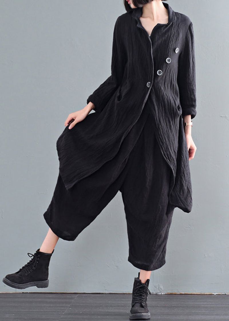 Zwarte Oversized Linnen Trenchcoats Met Gerimpelde Knopen Herfst - Dames trenchcoats