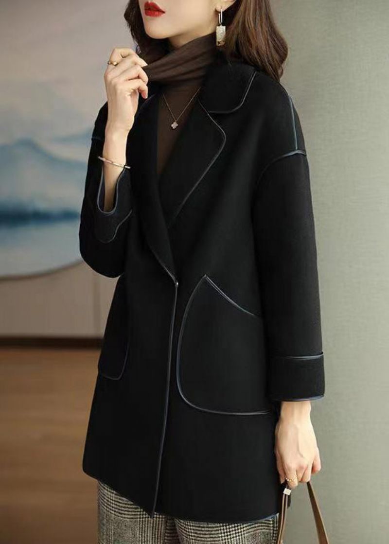 Zwarte Silm Fit Wollen Jas Met Oversized Zakken Herfst - Dames trenchcoats