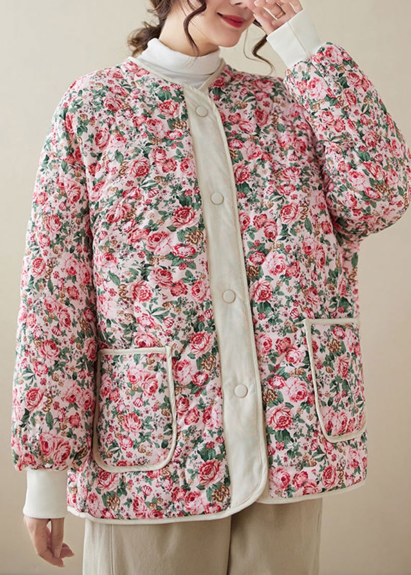 Boheemse Roze Zakken Print Grote Maat Fijn Katoen Gevuld Jack Winter - Dames donsjacks