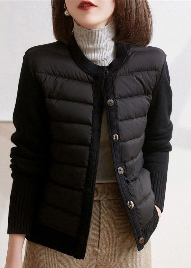 Boho Abrikozen Coltrui Met Ritssluiting En Patchwork Gebreide Parka Met Lange Mouwen - Abrikoos