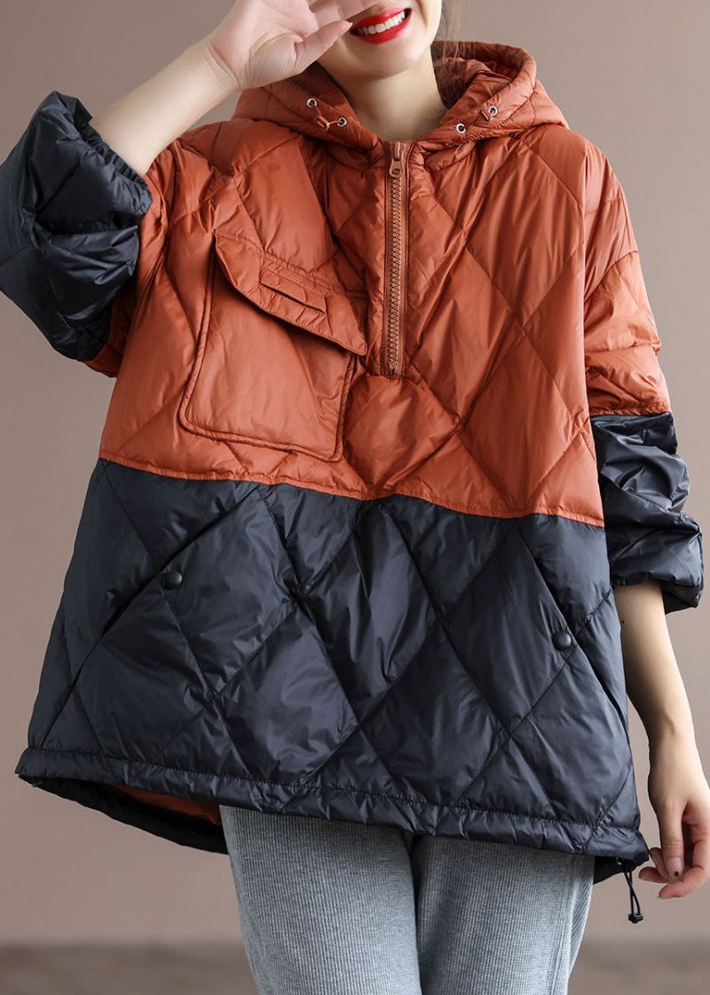 Boho Oranje Patchwork Zwarte Losse Winterdonsjas Met Capuchon - Oranje