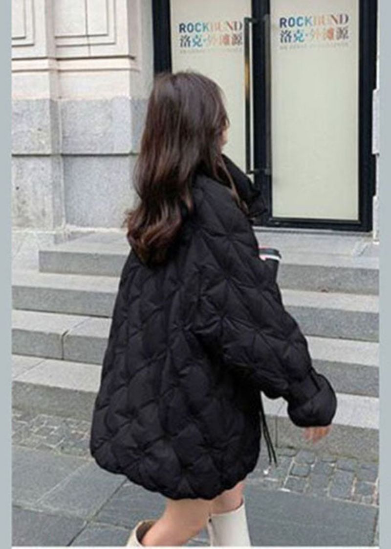 Boho Zwarte Opstaande Kraag Met Ritssluiting En Geborduurde Eendendonsjassen Winter - Dames donsjacks