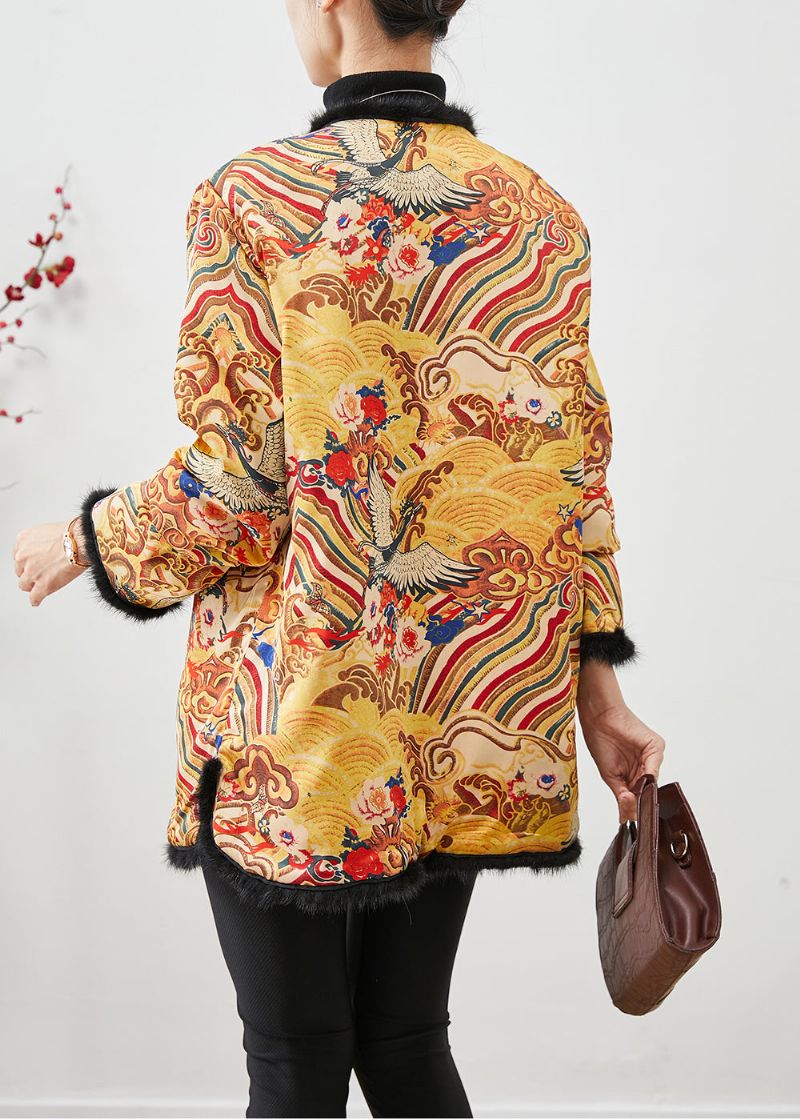 Chinese Stijl Gele Print Patchwork Nertsenhaar Fijne Katoenen Gevulde Jassen Winter - Dames donsjacks