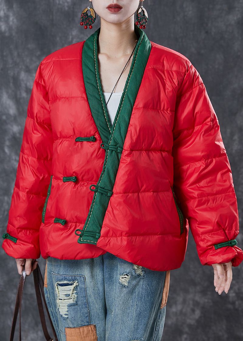 Chinese Stijl Rood Patchwork Fijn Katoen Gevuld Dames Witner Jassen - Dames donsjacks