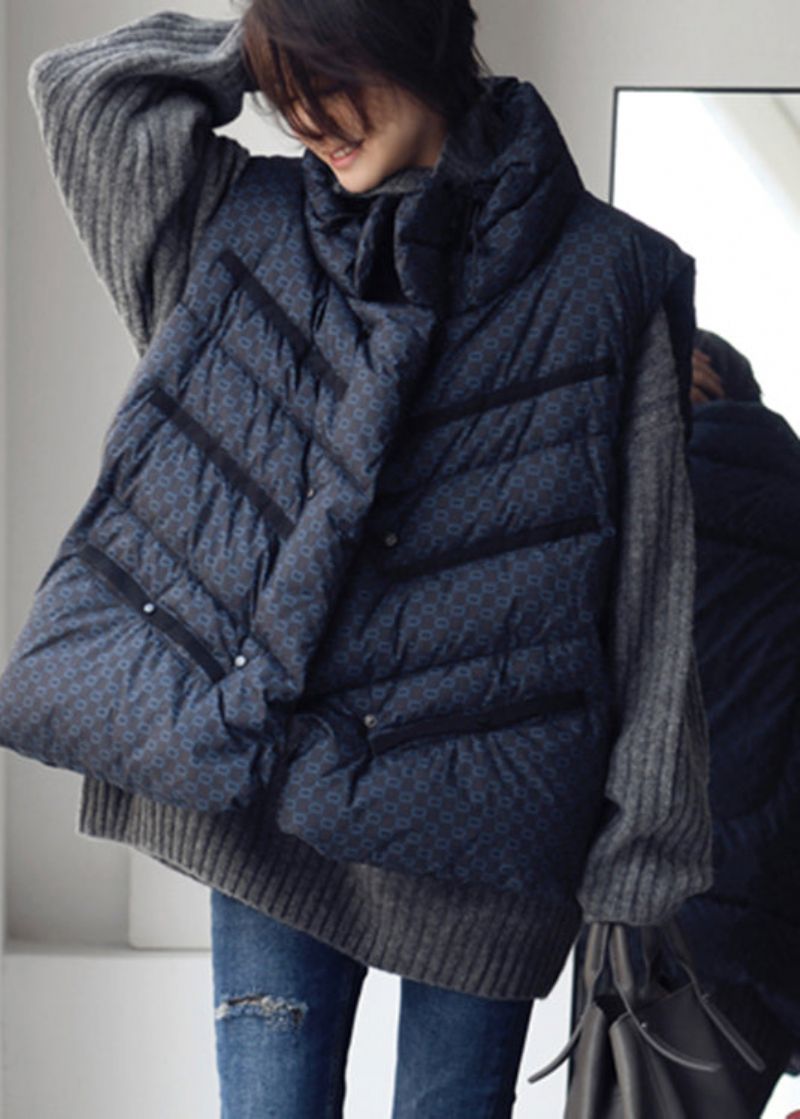 Chique Blauwe Opstaande Kraag Met Trekkoord En Knoop Met Eendendons Gevuld Gilet Winter - Dames donsjacks