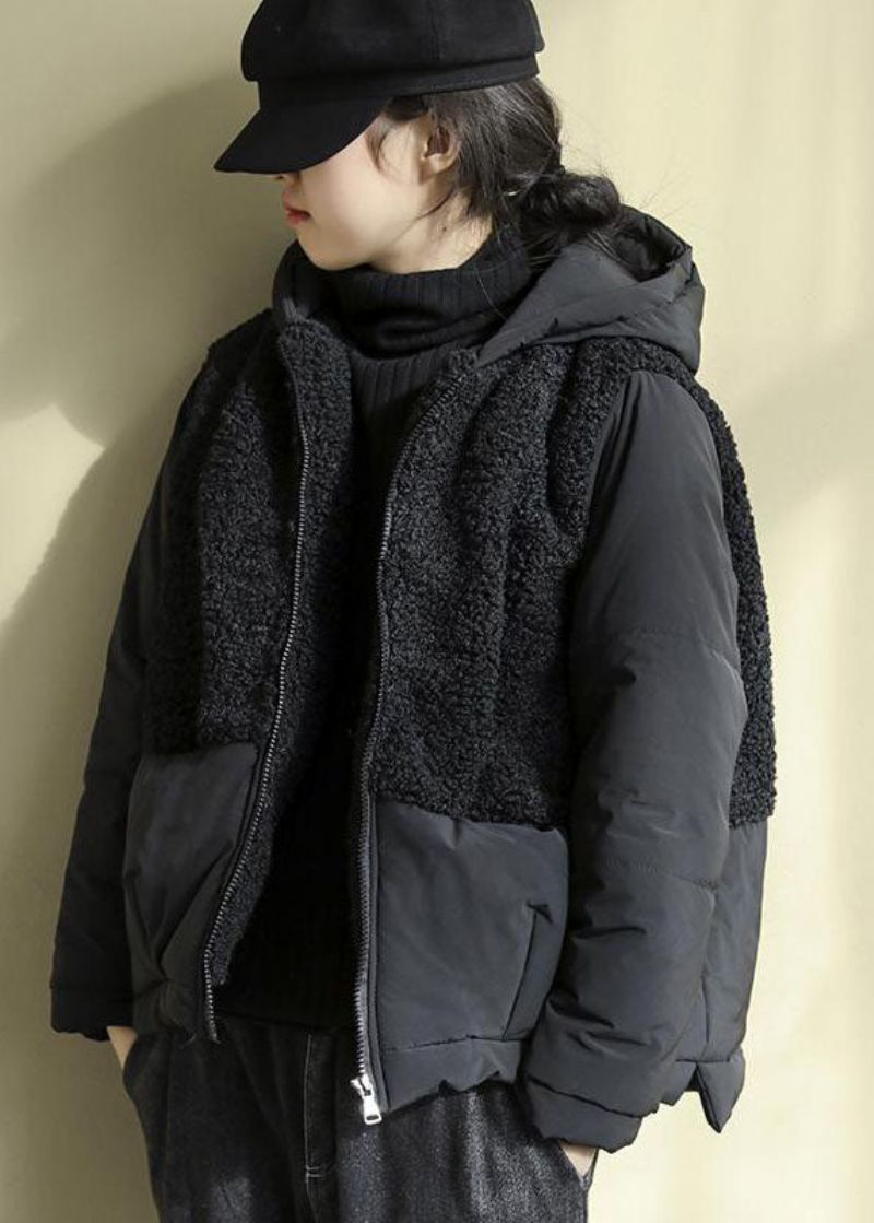 Chique Zwarte Parka's Van Imitatiebont Met Capuchon En Ritssluiting Winter - Dames donsjacks