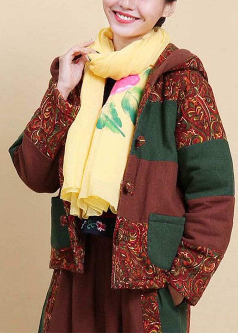 Dames Bruine Zakken Met Capuchon Patchwork Fijn Katoen Gevulde Parkaer Winter - Dames donsjacks