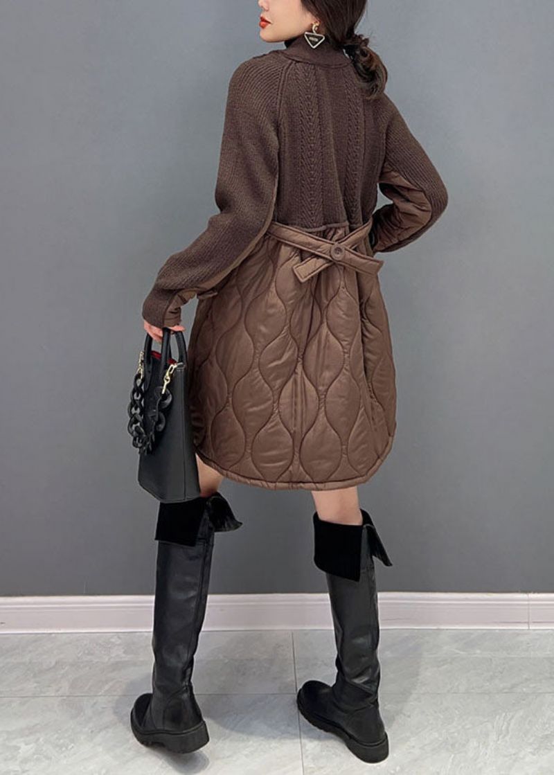 Dames Chocolade V-hals Gebreid Patchwork Katoen Gevulde Jassen Winter - Dames donsjacks