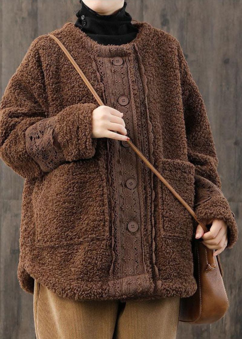 Dames Lichtblauwe O-hals Oversized Kanten Patchwork Teddy Nepbontjassen Winter - Lichtblauw