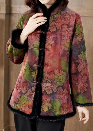 Dames Rode Print Zakken Nertsenhaar Patchwork Fijne Katoenen Gevulde Jassen Winter